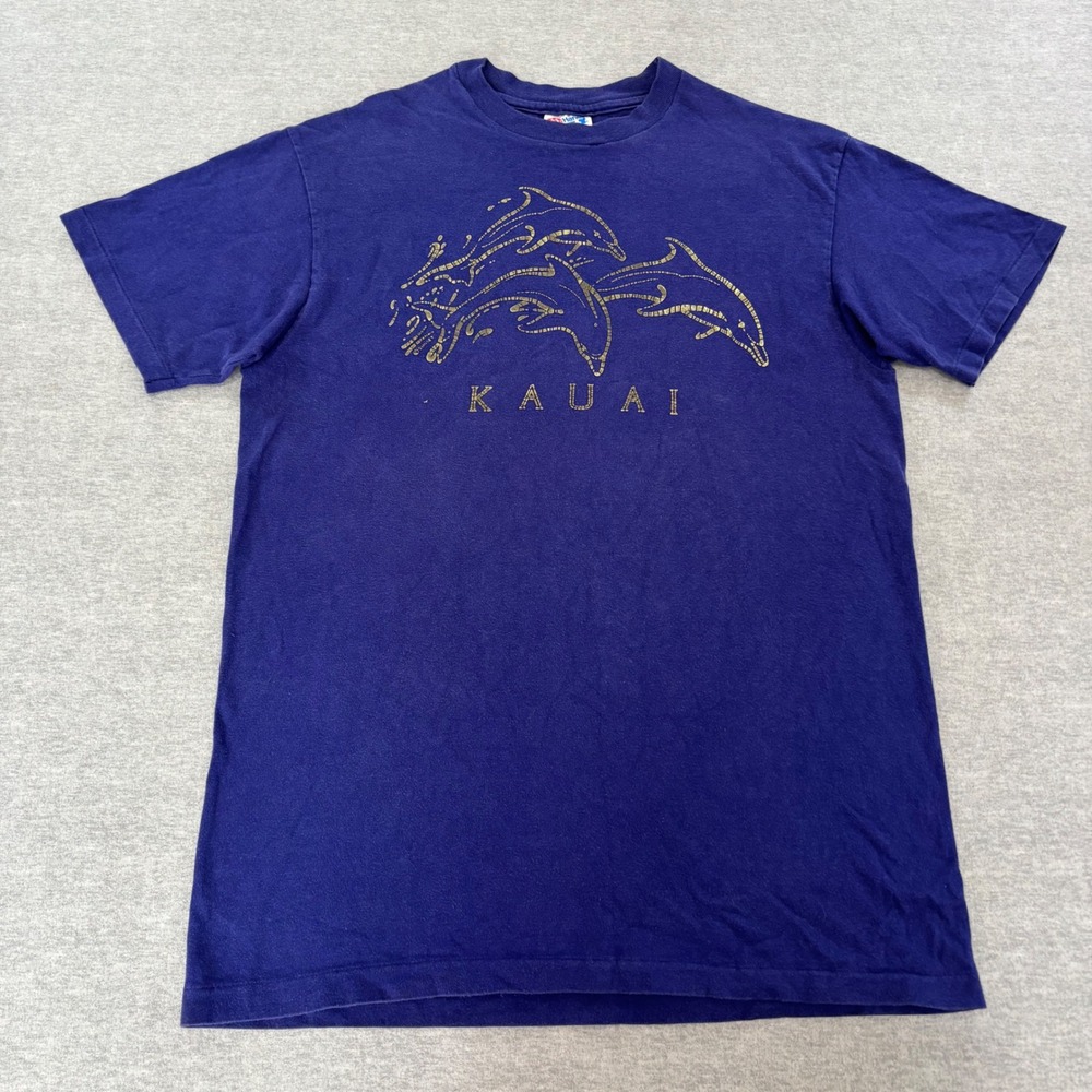 Vintage Hanes Beefy-T Kauai Dolphin Graphic T-Shirt Purple Single Stitch Mens M